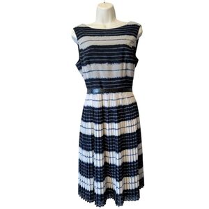 Adrianna Papell Pleated Sleeveless Striped Dress - Navy Blue White Sz.10